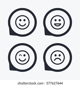 Smile icons. Happy, sad and wink faces symbol. Laughing lol smiley signs. Flat icon pointers.