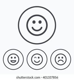 Smile icons. Happy, sad and wink faces symbol. Laughing lol smiley signs. Icons in circles.