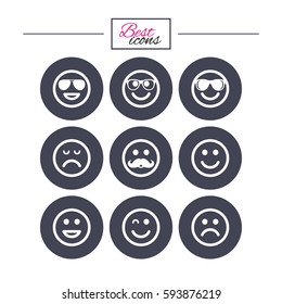 Smile icons. Happy, sad and wink faces signs. Sunglasses, mustache and laughing lol smiley symbols. Classic simple flat icons. Vector