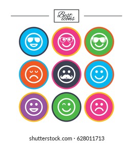 Smile icons. Happy, sad and wink faces signs. Sunglasses, mustache and laughing lol smiley symbols. Classic simple flat icons. Vector