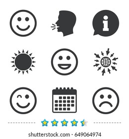 Smile icons. Happy, sad and wink faces symbol. Laughing lol smiley signs. Information, go to web and calendar icons. Sun and loud speak symbol. Vector