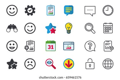Smile icons. Happy, sad and wink faces symbol. Laughing lol smiley signs. Chat, Report and Calendar signs. Stars, Statistics and Download icons. Question, Clock and Globe. Vector
