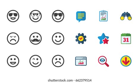 Smile icons. Happy, sad and wink faces signs. Sunglasses, mustache and laughing lol smiley symbols. Calendar, Report and Download signs. Stars, Service and Search icons. Vector
