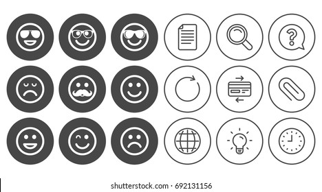 Smile icons. Happy, sad and wink faces signs. Sunglasses, mustache and laughing lol smiley symbols. Document, Globe and Clock line signs. Lamp, Magnifier and Paper clip icons. Vector