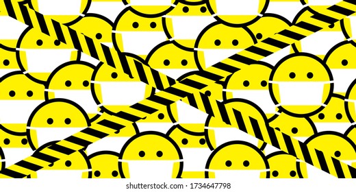 Smile icons in medical masks behind the warning stripe. Crowd behind the border. Quarantine. Quarantine zone. Restricted area. Do not enter. Do not cross. Vector illustration.