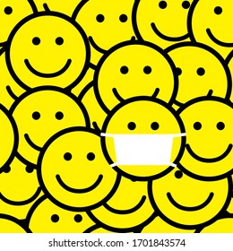 Smile icons pattern. One person in medical mask. Seamless pattern. Wearing mask to stop spreading the infections, including Coronavirus (Covid-19) disease. Responsibility. Vector illustration.