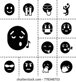 Smile icons. set of 13 editable filled smile icons such as emot showing tongue, vomiting emot, crying emoji, volleyball player