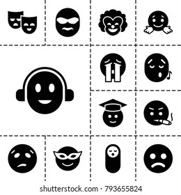 Smile icons. set of 13 editable filled smile icons such as baby food, sad smiley, emoji in mask, sweating emot, graduate emoji, confused emot, mask