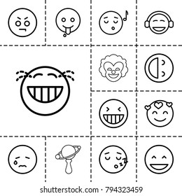 Smile icons. set of 13 editable outline smile icons such as laughing emot, crying emot, emoji listening music, emoji, emoji showing tongue, beanbag