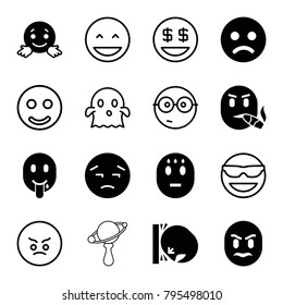 Smile icons. set of 16 editable filled and outline smile icons such as sad smiley, upset emot, confused emot, smile, nerd emoji, ghost, dollar smiley, beanbag