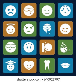Smile icons set. set of 16 smile filled icons such as smiling emot, crying emot, emoji angel, shy emoji, graduate emoji, tooth, heart face, love