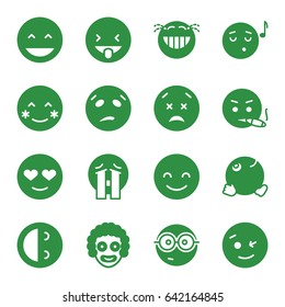 Smile icons set. set of 16 smile filled icons such as laughing emot, blush, wink emot, emoji listening music, nerd emoji