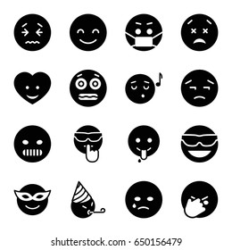 Smile icons set. set of 16 smile filled icons such as smiling emot, emoji in mask, emot in sun glasses, emoji listening music