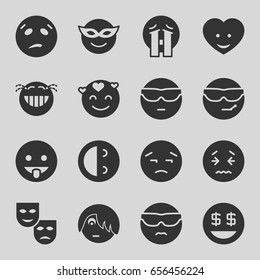 Smile icons set. set of 16 smile filled icons such as emoji in mask, cool emot in sunglasses, upset emot, dollar smiley, crying emoji, heart face