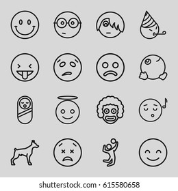 Smile Icons Set. Set Of 16 Smile Outline Icons Such As Dog, Baby Food, Volleyball Player, Smiling Emot, Emoji Angel, Emoji Listening Music, Sweating Emot, Sad Smiley, Smiley