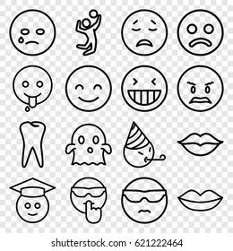 Smile icons set. set of 16 smile outline icons such as lips, tooth, love, volleyball player, laughing emot, smiling emot, graduate emoji, ghost, emoji showing tongue