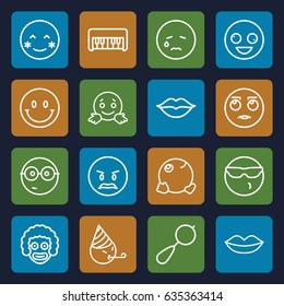 Smile icons set. set of 16 smile outline icons such as beanbag, piano toy, lips, love, crazy emot, blush, crying emot, nerd emoji, dancing emoji, smiley