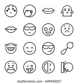 Smile icons set. set of 16 smile outline icons such as beanbag, lips, love, crazy emot, smiling emot, emoji showing tongue, shy emoji