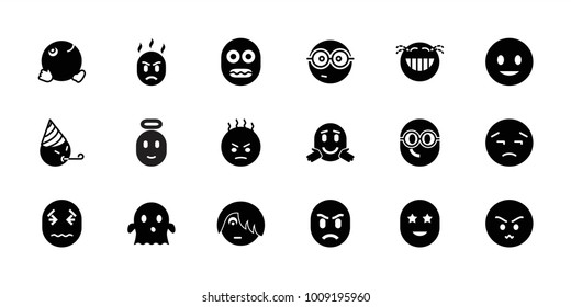 Smile icons. set of 18 editable filled smile icons: smiling emot, angry emot, nerd emoji, ghost