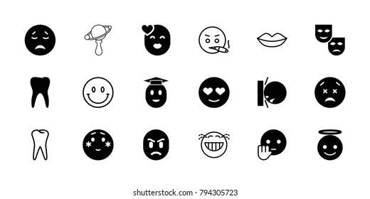 Smile icons. set of 18 editable filled and outline smile icons: crying emot, emoji angel, emot in love, shy emoji, mask, lips, tooth, smiley, beanbag