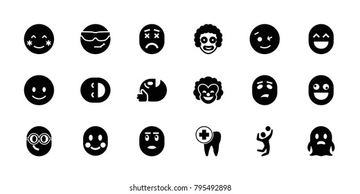 Smile icons. set of 18 editable filled smile icons: smiling emot, blush, wink emot, clown, dental care, volleyball player, nerd emoji, ghost
