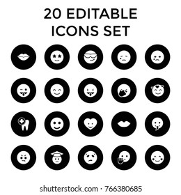 Smile icons. set of 20 editable filled smile icons such as lips, smile, blush, smiling emot, crying emot, emoji showing tongue, graduate emoji, happe emoji with star eyes