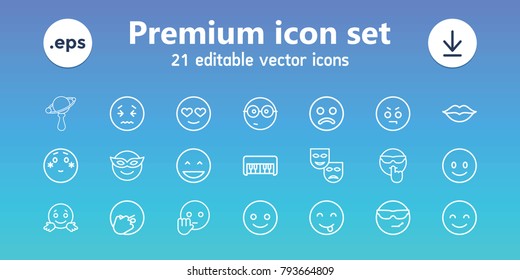 Smile icons. set of 21 editable outline smile icons includes piano toy, sad smiley, smiling emot, laughing emot, emoji in mask, shy emoji, nerd emoji, mask, love