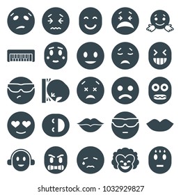 Smile icons. set of 25 editable filled smile icons such as lips, sad smiley, smiling emot, crying emot, love, piano toy, clown, shy emoji, emoji