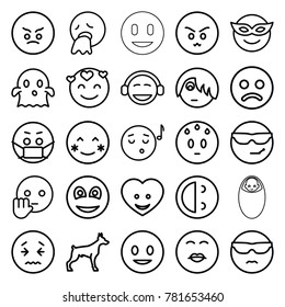 Smile icons. set of 25 editable outline smile icons such as dog, sad smiley, smiling emot, blush, emoji in mask, cool emot in sunglasses, emoji listening music, emoji, ghost