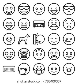 Smile icons. set of 25 editable outline smile icons such as dog, piano toy, smile, sad smiley, smiling emot, crazy emot, shocked emoji
