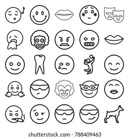 Smile icons. set of 25 editable outline smile icons such as dog, lips, smiling emot, wink emot, emoji in mask, emoji listening music, shy emoji, clown, tooth