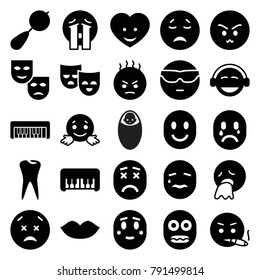 Smile icons. set of 25 editable filled smile icons such as beanbag, piano toy, lips, crying emot, cool emot in sunglasses, emoji, crying emoji, mask, tooth, heart face