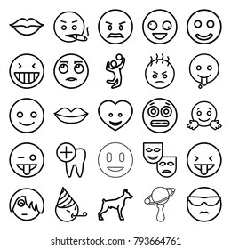 Smile icons. set of 25 editable outline smile icons such as dog, lips, smile, smiling emot, crazy emot, emoji showing tongue, shocked emoji, mask, heart face, love