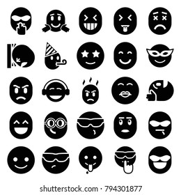 Smile icons. set of 25 editable filled smile icons such as smiling emot, emoji in mask, cool emot in sunglasses