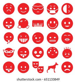 Smile icons set. set of 25 smile filled icons such as dog, piano toy, smiling emot, crazy emot, emoji in mask, emoji showing tongue, smiley, mask