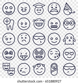Smile icons set. set of 25 smile outline icons such as baby food, dental care, smiley, smiling emot, wink emot, nerd emoji, graduate emoji, ghost, shocked emoji, smile
