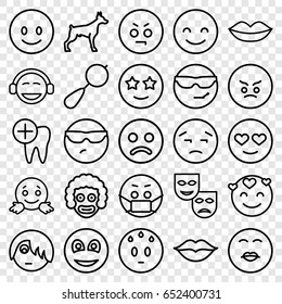 Smile icons set. set of 25 smile outline icons such as dog, beanbag, lips, love, dental care, smiley, smiling emot, cool emot in sunglasses, emoji, happe emoji with star eyes