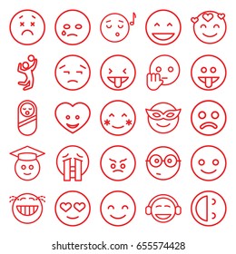Smile icons set. set of 25 smile outline icons such as baby food, heart face, volleyball player, smiling emot, laughing emot, blush, emoji in mask, emoji listening music