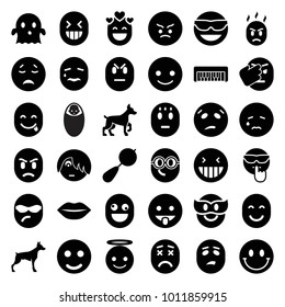 Smile icons. set of 36 editable filled smile icons such as dog, beanbag, smile, smiling emot, laughing emot, emoji angel, ghost, smiley, baby food, piano toy, lips