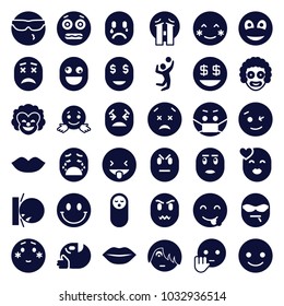 Smile icons. set of 36 editable filled smile icons such as baby food, lips, smiling emot, blush, wink emot, shy emoji, dollar smiley, crying emoji, clown, smiley