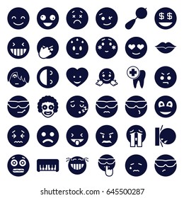 Smile icons set. set of 36 smile filled icons such as beanbag, piano toy, crazy emot, laughing emot, shy emoji, dollar smiley, crying emoji, shocked emoji, heart face, love