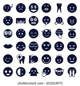 Smile icons set. set of 36 smile filled icons such as piano toy, lips, crazy emot, smiling emot, blush, emoji in mask, emoji angel, ghost, dollar smiley, tooth, dental care