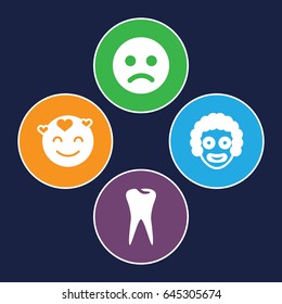 Smile icons set. set of 4 smile filled icons such as emot in love, tooth, clown