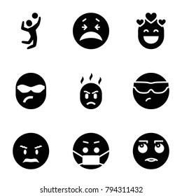 Smile icons. set of 9 editable filled smile icons such as crying emot, cool emot in sunglasses, emoji in mask