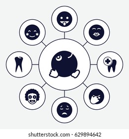 Smile icons set. set of 9 smile filled icons such as blush, crying emot, kiss emot, dancing emoji, tooth, dental care