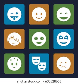Smile icons set. set of 9 smile filled icons such as crazy emot, laughing emot, emoji showing tongue, smiley