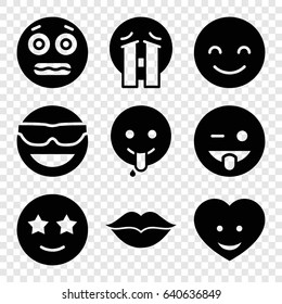 Smile icons set. set of 9 smile filled icons such as smiling emot, emot in sun glasses, emoji showing tongue, happe emoji with star eyes, heart face