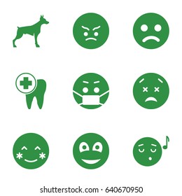 Smile icons set. set of 9 smile filled icons such as dog, blush, angry emot, emoji listening music, upset and worry emot, emoji in mask, dental care, smiley