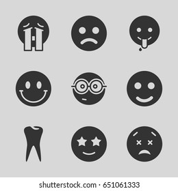 Smile icons set. set of 9 smile filled icons such as nerd emoji, happe emoji with star eyes, upset and worry emot, tooth, smiley, smile