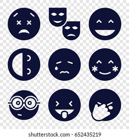 Smile icons set. set of 9 smile filled icons such as laughing, blush, crying, nerd emoji